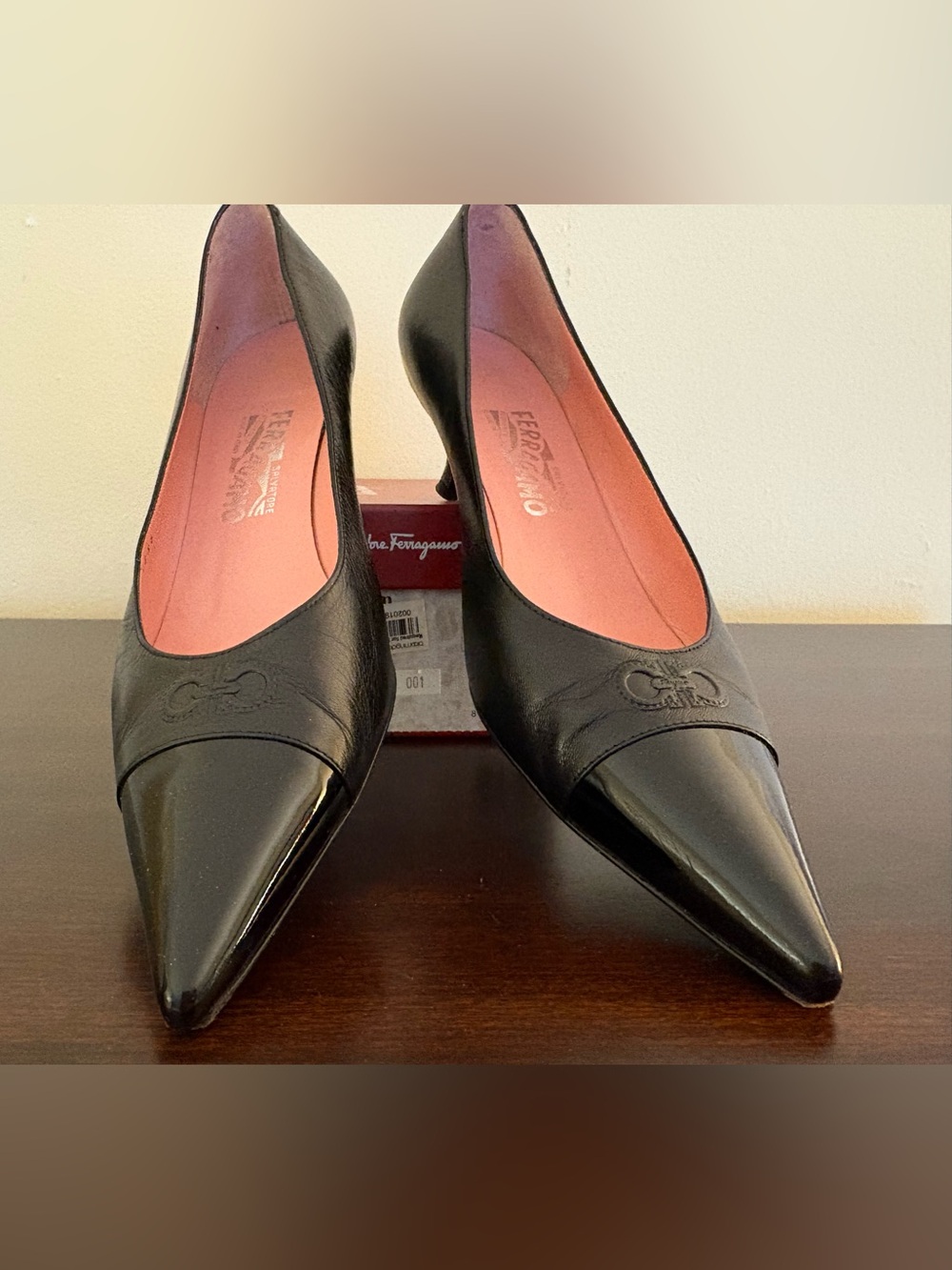 Salvatore Ferragamo Black Leather & Patent Pointed Toe & Heel Pumps